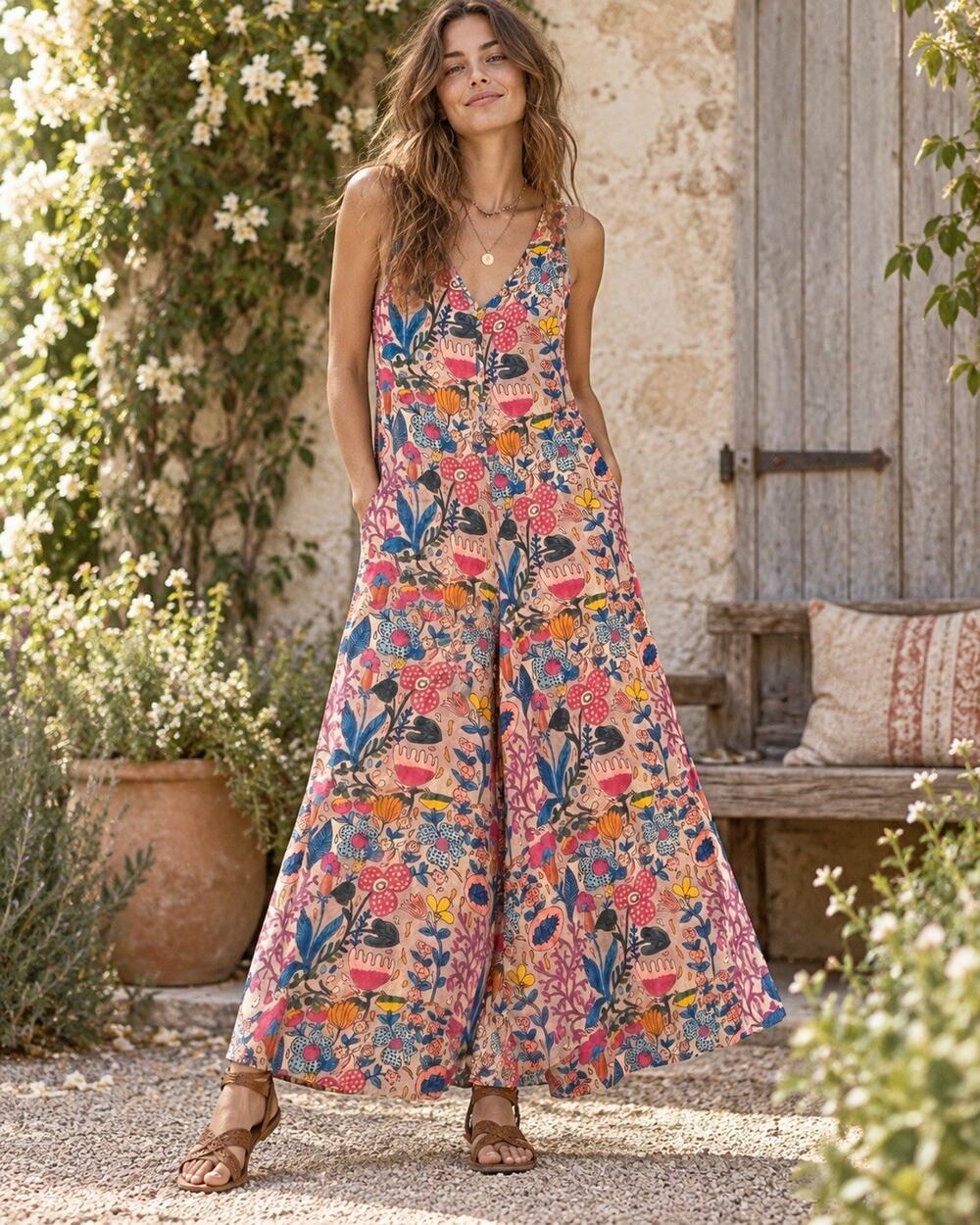 Natural Life Floral Wide Leg Jumpsuit S Boho Cottagecore Palazzo Rayon Artsy